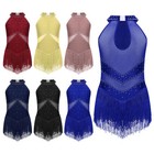 Kids Girls Leotards Glittery Jumpsuit Shiny Bodysuit Keyhole Costume Fringed