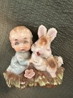 Set Of Two Vintage Porcelain Sugar Textured Boy Figurines With Rabbit 