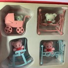 6 Vintage Mini Flocked Teddy Bears Blue   Pink Bears Old Store Stock Metal Toys