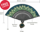 Chinese Japanese Peacock Pattern Folding Bamboo Handheld Silk Hand Fan Elegant