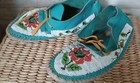 Vintage Native American Handmade Leather Floral Beaded Moccasins Rare Teal Dyed