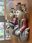 Two  Vintage Burmese Hand-carved Painted Wooden Temple Musician Figurines 10    