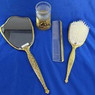 Vintage Ornate Vanity Set W mirror  Glass hair Brush   Comb  Rose gold Tone