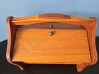 Vintage Wood Sewing Box Basket Double Hinged Top Engraved Wood Handle 10x7x8 5   