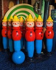 1940s Rare Vintage Wooden Bowling Skittles Game Clowns 9 Pins Ball Toys Oddities