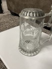 Vintage German Glass Beer Stein W  Pewter Lid White Etched Deer 