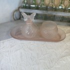 Vintage 3 Piece Pink Frosted Glass  Butterfly Vanity Set  Goat Marking