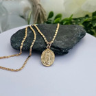 Gold Virgin Mary Necklace  1mm Scroll Chain  14k Heavy Plated Gold