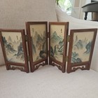 Vintage Miniature Chinese Four Panel Screen Dual Sided Hand Painted Signed 6 5 