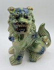 Vintage Chinese Foo Dog Ceramic Glazed Blue Green Dog Figurine Statue Mcm