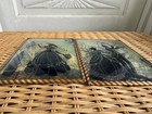 Vintage 40 s Pair Reverse Painted Silhouette Pictures Convex Trees Convex Glass