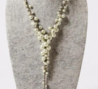 While Glass Faux Pearl Silver Tone Link Dangle T Style Necklace Earring Set