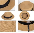 Straw Flat Top Sun-boater-hat For Men Women  Wide Brim Straw Medium Khaki black
