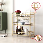 Gold Bar Carts With 3 Tier Glass Shelves  Rolling Serving Bar Cart With Wine    