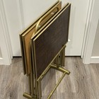 Vtg Faux Wood Parquet Tv Trays - Set Of 4  - With Stand - Mcm Metal Legs - Nice 