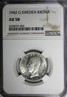 Sweden Gustaf V Silver 1942 G Krona Key Date Rare Wwii Ngc Au58 Km  786 2  092 