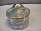 Vtg Nice Early Powder Cream Trinket Jar Dish Thick Glass Heavy Brass Lid Flowers