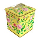 Vintage Tea Tin Pink Camellias Floral Print Metal Canister   Lid Gold Handle Htf