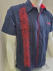 Mexican Guayabera Navy Blue Shirt Handcrafted Embroidery Yucatan Linen Artesanal