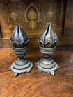 Antique 19th C Burmese Bronze Lotus Flower Incense Burner Candle Holder Pair