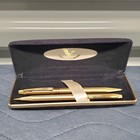 Vintage Centennial Gold Tone Pen   Pencil Set Blue Ink W Case Warranty Card