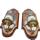 Vintage Wooden   Brass Mirrored Wall Sconce Candle Holders Set Of 2
