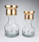Set Of 2 Vintage Mid Century Modern Clear Glass Decanters Carafes Brass Lids