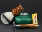 Wood Handle Barber Shaving Set 4pc Kit Wet Shave Safety Razor Brush Blades Gift