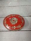 Vintage Trinket Box  Oval Jewelry Box  Gold Tone Rose  metal  Red Enamel 