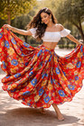 Belly Dance Skirt Floral Satin Romani Gypsy Skirt Full Circle One Size