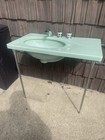 Vtg Mid Century Jadeite Ming Green Sink Chrome Legs Towel Bars