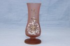 Vintage Pink Frosted Glass Bud Vase  Painted Enameled Flowers   Scrolls 4 75  Vg