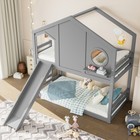 Twin House Bunk Bed W slide   Storage Shelves wood House Loft Bed W window Gray