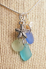 Coastal Blues Sea Glass Jewelry Handmade Cluster W Starfish  pearl Necklace