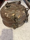 Large Antique Indian Copper Repousse Chapati Pandan Box Pierced Lid Floral Decor