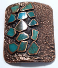 Vintage Bell Trading Co Brutalist Copper   Turquoise Western Bolo Tie Slide 1960