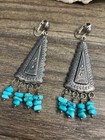 Native American Southwestern Sterling Silver   Turquoise Clip Dangle Earrings