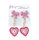 New Betsey Johnson Dangling Heart Cake Stud Earrings Pink Bow Pearl Love Glitter