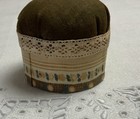 Round Pin Cushion  Box With Fabric On Top  Antique Materials  Brown