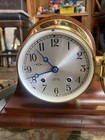 Chelsea Ships Bell Hour Ring 4 1 2 Blue Hands Brass Mahogany Base Clock Nautical