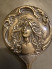 Antique Art Nouveau G Silver Repousse Maiden   Floral Vanity Hand Mirror
