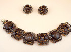 Vintage Filigree Glitter Thermoset Bracelet Earrings Set Gold Tone Bronze Orange