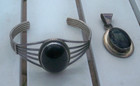Sterling Silver Onyx Cuff Bracelet And 925 Oval Onyx Necklace Pendant 38 Grams