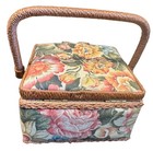 Vtg 90s  Wicker Sewing Basket Box Woven Floral Tapestry Cottagecore Grandmacore