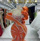 Luxury Orange Mermaid Prom Dresses Lace Rhinestones Feather Sequin Evening Gowns