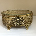 Vintage Ornate Jewelry Casket Trinket Box Footed Beveled Glass Filigree Roses