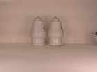 Vintage Phalzcraft White Ceramic Salt   Pepper Shaker Set With Blue Lettering