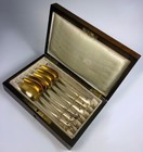 Opulent Antique French Sterling Silver 18k Gold Vermeil Spoon Set Of 6 In Box