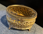 Vintage Gold Plated Filigree Jewelry Box With Beveled Glass Lid