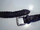 Men s Black Woven Leather  Belt - 34 36 - Silver Buckle - Excellent Preowned